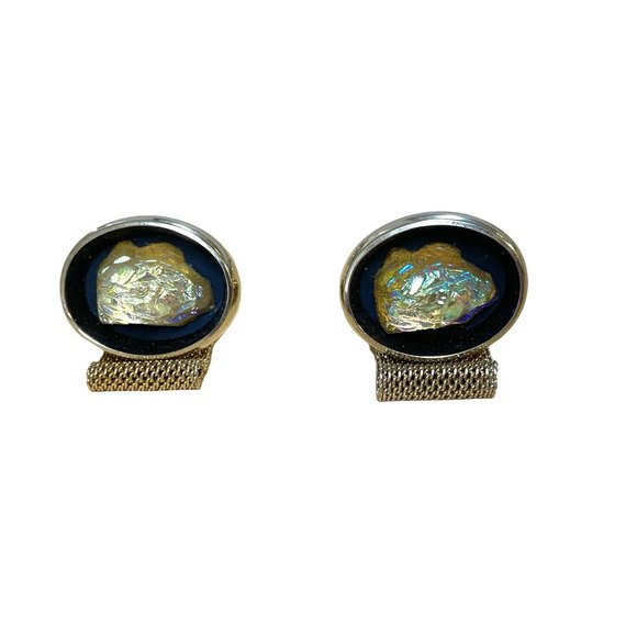 1960s cufflinks with translucent nugget and gold mesh wrap - Picture 1 of 4